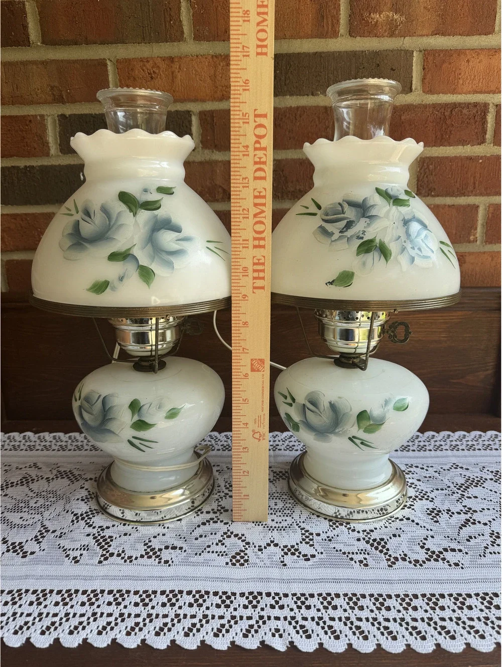 Pair of Vintage Electric Glass Hurricane Table Lamps with Floral Design